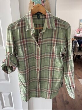 Ralph lauren Light Green Plaid Button-Up Shirt with Pink Accent